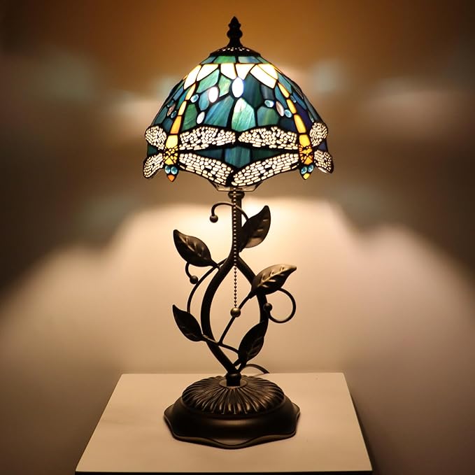 Small Tiffany Lamp Yellow Dragonfly Style Stained Glass Table Lamps Desk Bedside Reading Light 8X8X18 Inches with Bronze Metal Leaf Resin Base