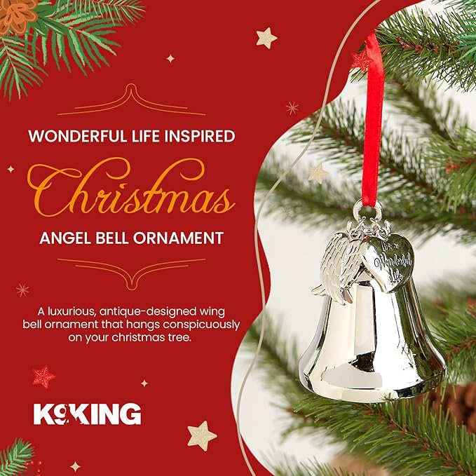 It's a Wonderful Life Inspired Christmas Angel Bell Ornament with Stainless Steel Angel Wing Charm. New Larger Size and Now Comes with 2 Interchangeable Ribbons. (Shiny Silver)
