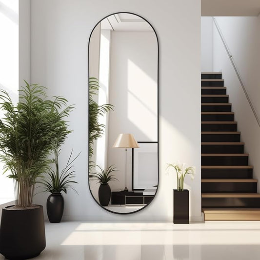 Oval Full Length Mirror, 71"×24" Wall-Mounted Floor Mirror with Metal Frame, Ultra-Clear Explosion-Proof Dressing Mirror, Simple and Classic Deco for Cloakroom/Bedroom/Living Room, Black