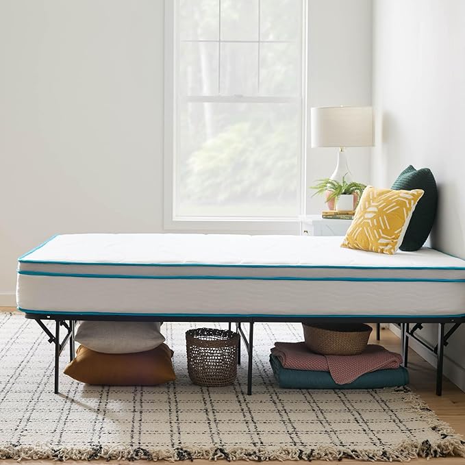 Linenspa 10” Memory Foam and Innerspring Hybrid Mattress + 14” Black Metal Platform Bedframe – Twin Mattress + Metal Folding Twin Bed Frame