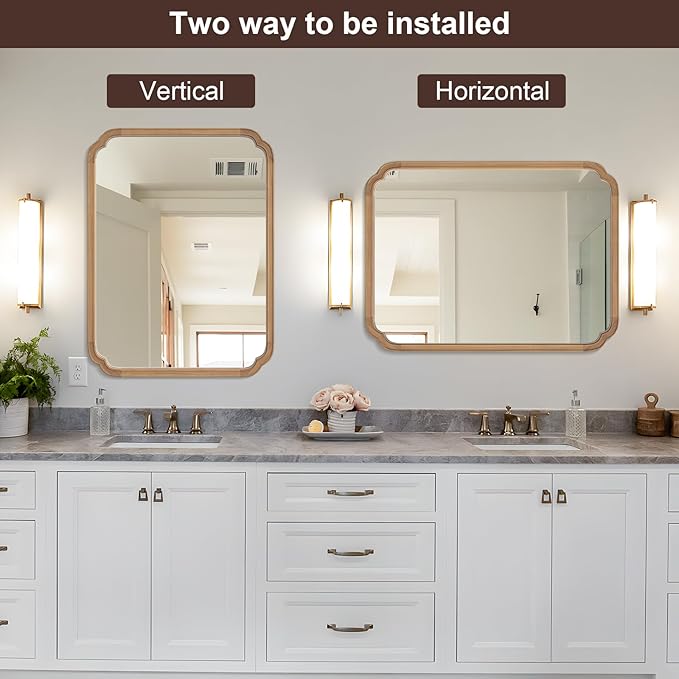 WallBeyond 30" x 40" Rounded Corner Arch Wall Mirror with Wood Frame for Entryway, Living Room or Bedroom Home Decor - Light Woodgrain [30 x 40 inches, Honey-Colored]