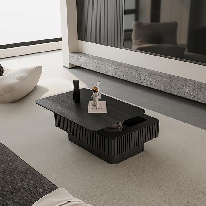 38.6" Lift Top Coffee Table with Storage, Fluted Coffee Table with Solid Wood Veneered, Mid Century Modern Wooden Center Table, Accent Tea Table for Living Room Apartment, Black