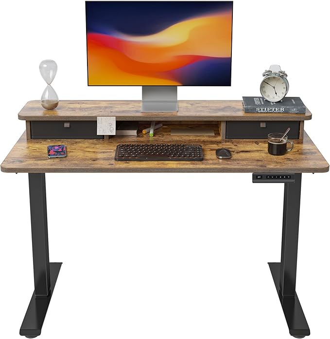 FEZIBO 40 x 24 Inch Height Adjustable Electric Standing Desk with Double Drawer, Computer Desk, Home Office Stand Up Table with 4 Height-Adjustable Feets & 2 Hooks, Rustic Brown