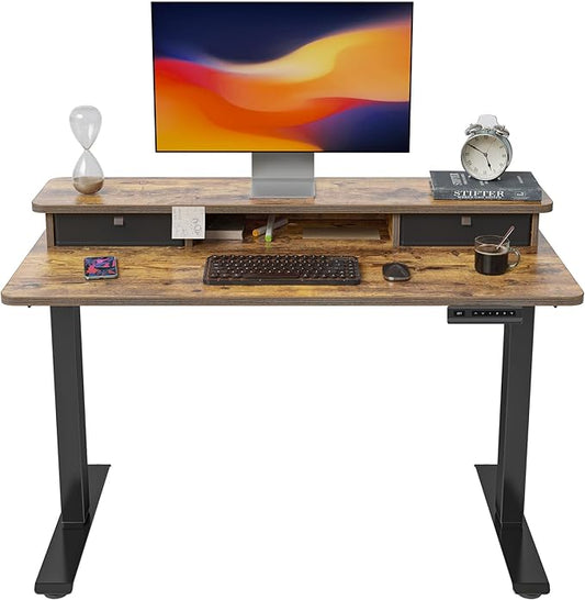 FEZIBO 40 x 24 Inch Height Adjustable Electric Standing Desk with Double Drawer, Computer Desk, Home Office Stand Up Table with 4 Height-Adjustable Feets & 2 Hooks, Rustic Brown