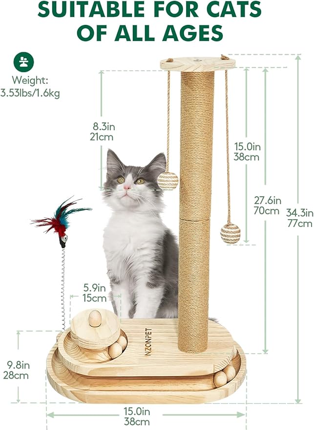 NZONPET Cats Scratching Post 34.3" Tall Scratch Post Premium Sisal Rope Scratch Posts for Kitten and Adult Cats All Natural Rope Wooden Ball Track Interactive Toy with Dangling Balls