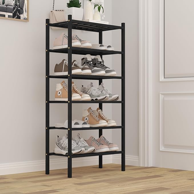 6-Tier Bamboo Small Shoe Rack, Free Standing Wood Shoe Shelf Storage Organizer for Closet Entryway Stackable (Black)