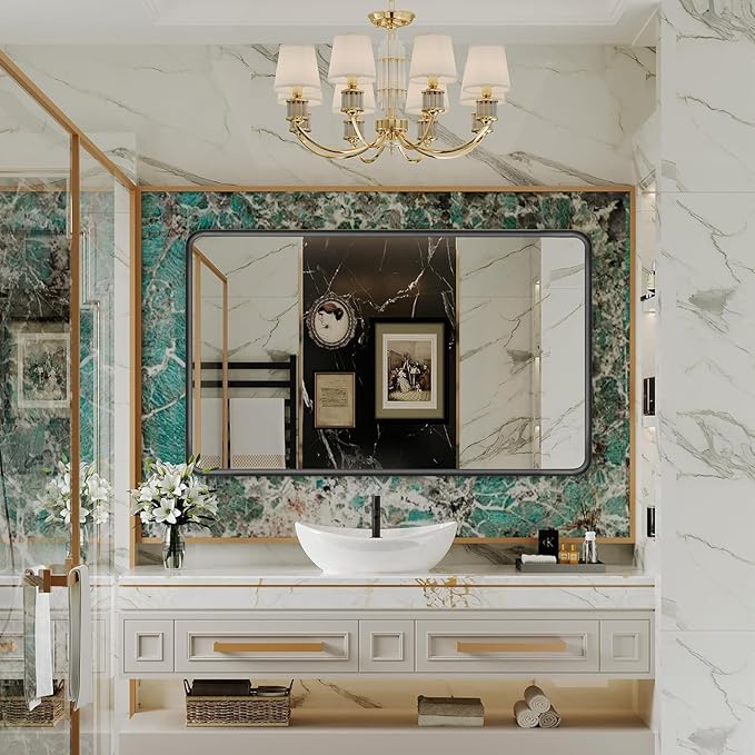 Black Framed Mirrors for Bathroom,55 x 30 Inch Rounded Conner Rectangle Mirror for Wall, Matte Black Vanity Mirror with Tempered Glass,Anti-Rust,Hangs Horizontally or Vertically