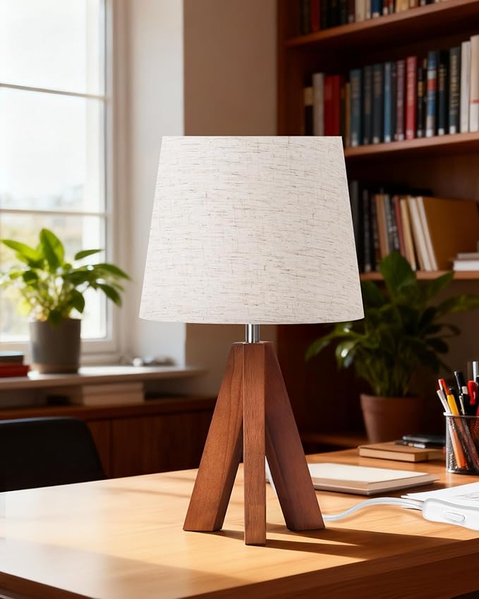 Small Tripod Table Lamp, Modern Nightstand Lamp with Fabric Shade, Boho Bedside Wood Desk Lamp for Bedroom, Kids Room, Living Room, Office, Study, Dark Wood and Beige, LE51TL05
