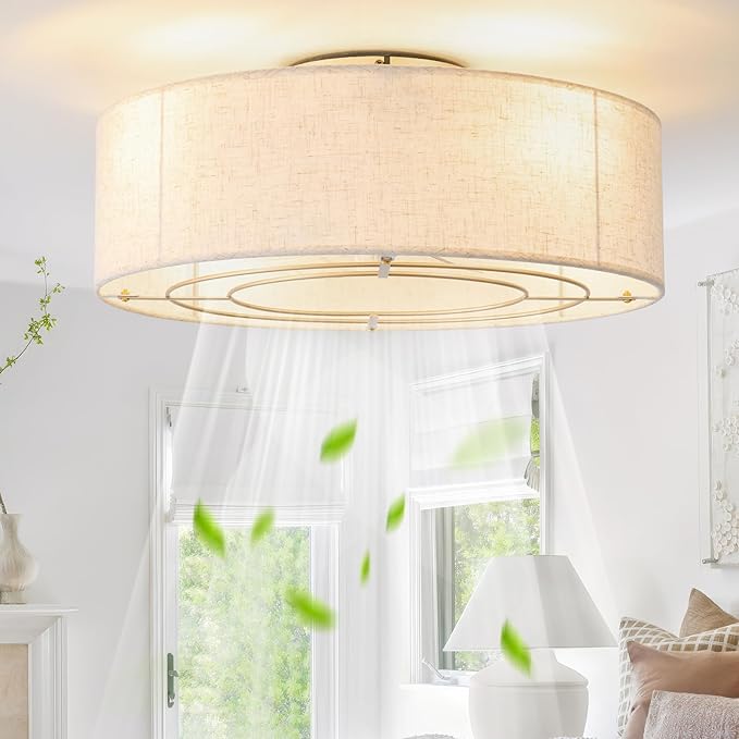 Ceiling Fans with Lights, 20" Boho Ceiling Fan with Light Flush Mount, Drum Rattan Low Profile with 6 Speeds, Remote Control for Bedroom, Nursery, Living Room