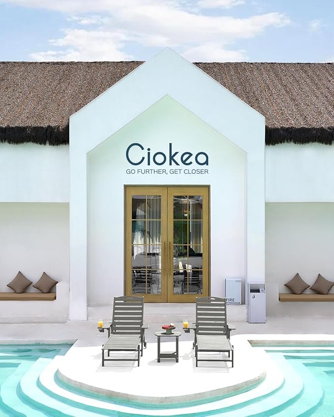 Outdoor Chaise Lounge Chair Set of 2, Patio Lounge Chairs for Outside, HDPE Lounge Chairs with Wheels & Cup Holder, Poly Lounge Chair with 5 Position for Poolside, Deck, Grey