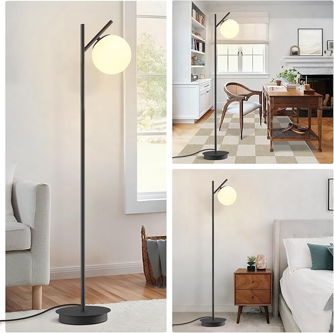 Modern Floor Lamp for Living Room Retro Vintage Tall Standing Lamp Mid Century Black Freestanding Lamp Contemporary Glass Floor Lamps for Bedroom Office Hotel