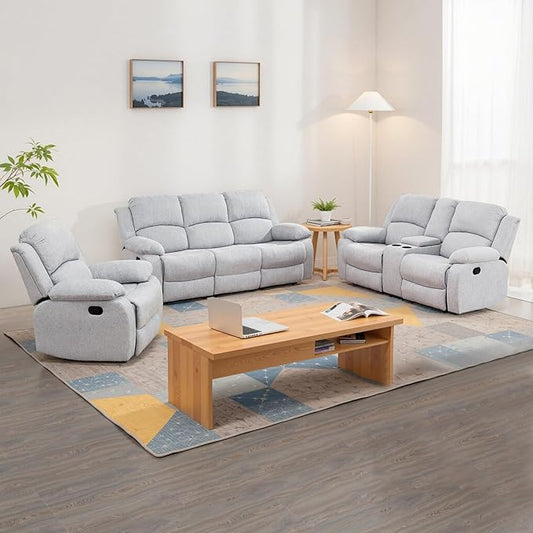 Manual Recliner Sofa Set,Microfiber Reclining Couch Set,Modern Living Room Furniture Set,Reclining Sofa Couch Chair for Living Room Home Office(Grey/White,3 Pieces Set)