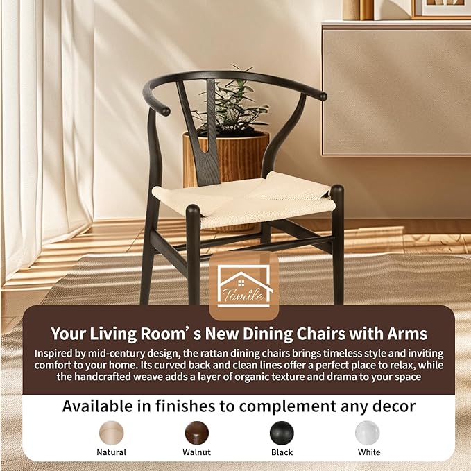 Tomile Wishbone Chair Y Chair, Wooden Dining Chairs Set of 4, Mid Century Modern Chairs with Arms, Solid Wood Weave Seat Kitchen & Dining Room Chairs (Ash Wood-Black Frame + Natural Cord)