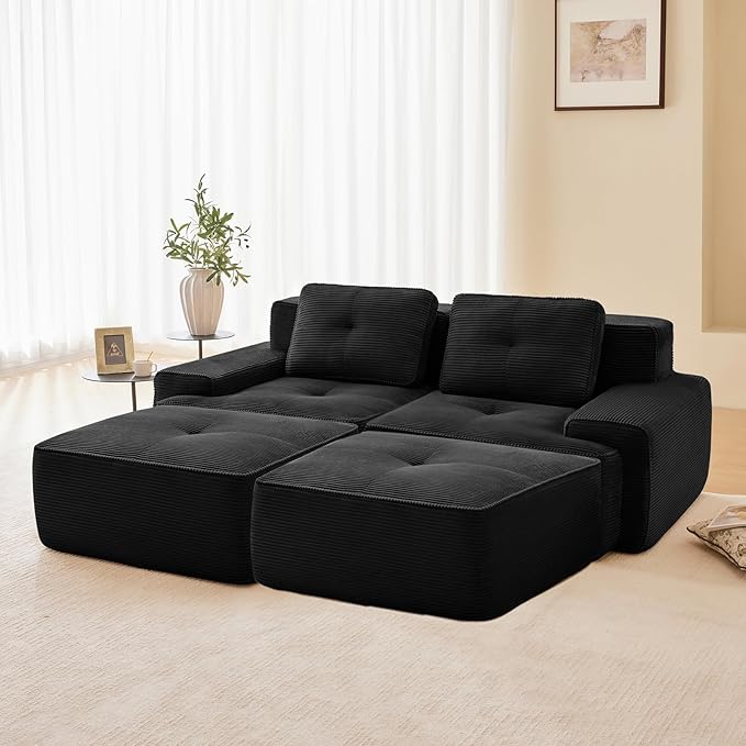 80" Modern Compressed Boneless Love Seat Couches with 2 Ottomans, 2 Seater Large Sectional Couches for Living Room, Black Corduroy Cloud Modular Sectional Sofa, Memory Foam, Deep Loveseat, No Assembly