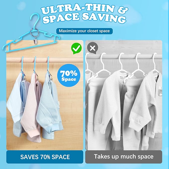 Baby Hangers with Metal Ring Clips, Children Plastic Hanger for Kids Pants Clothes Closet, 20 Pack, Blue