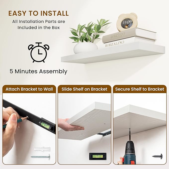 Fun Memories 30 Inch Floating Shelves for Wall, 9 Inch Deep White Rustic Wood Wall Mounted Shelves for Bathroom, Bedroom, Living Room, Set of 2