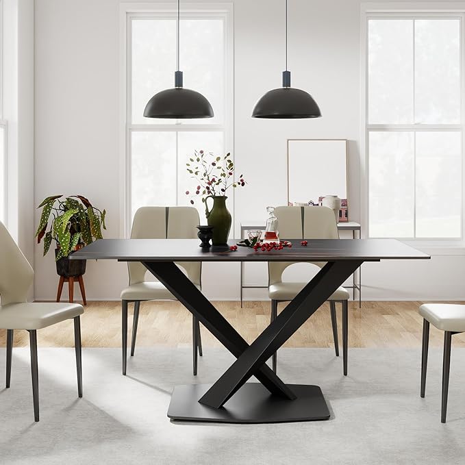63" Modern Dining Table for 4-6 People, Black Sintered Stone Table Top with X-Shape Carbon Steel Pedestal, Large Rectangular Table for Kitchen Living Room