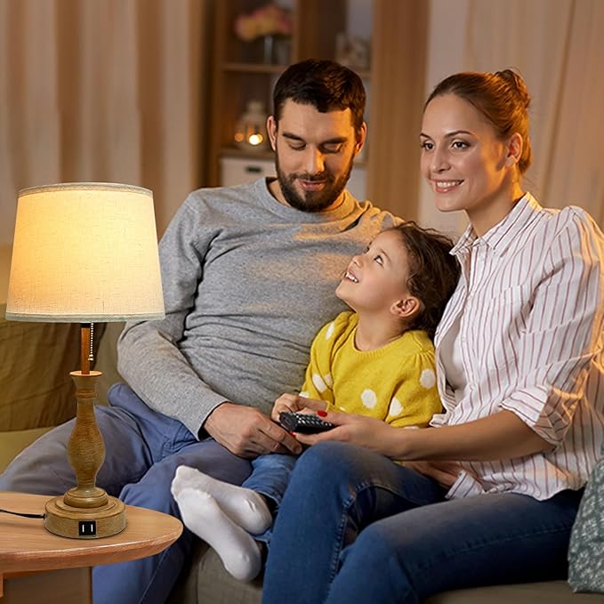 Farmhouse Table Lamp 3-Way Dimmable Table Lamp, Modern Nightstand Lamp with 2 USB Port Pull Chain Bedside Desk Lamp with Fabric Shade for Living Room Bedroom Hotel (Pack 1-Beige Shade & Pull Chain)