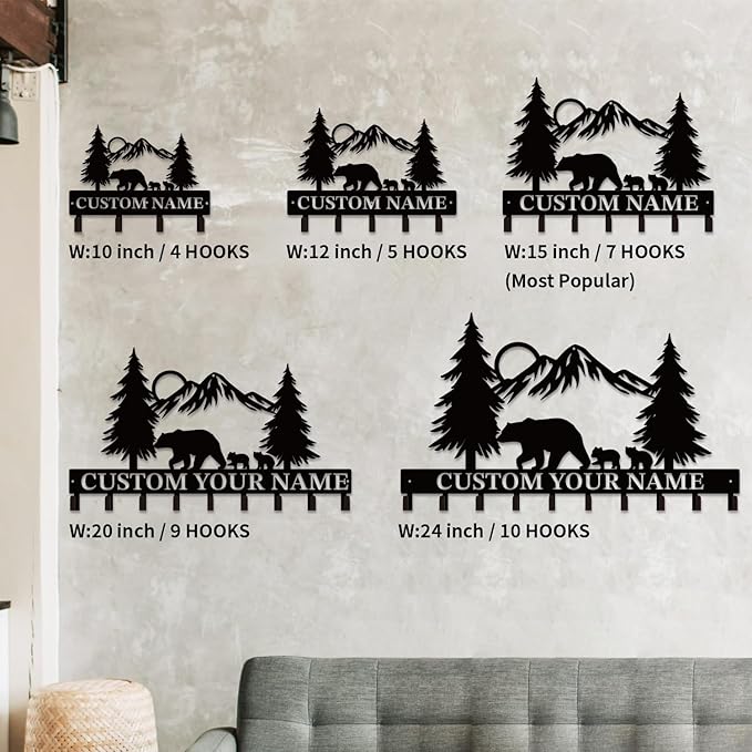 Personalized Custom Name Bear Key Wall Hooks,Metal Bear Keys Clothes Hooks,Metal Bear Wall Home Storage Decorative,For Front Door, Hallway, Kitchen, Bedroom,Keys,Hats (Style I)