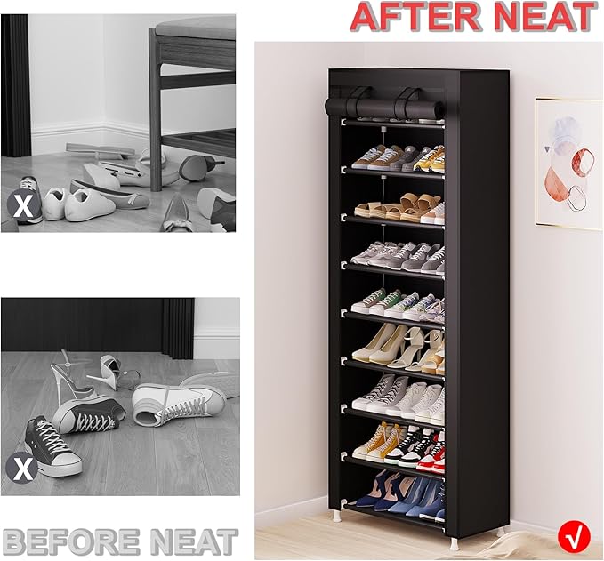 Calmootey 9 Tier Shoe Rack Organizer,Portable Shoe Shelf with Nonwoven Fabric Cover for Closet Hallway,Bedroom,Entryway,Black