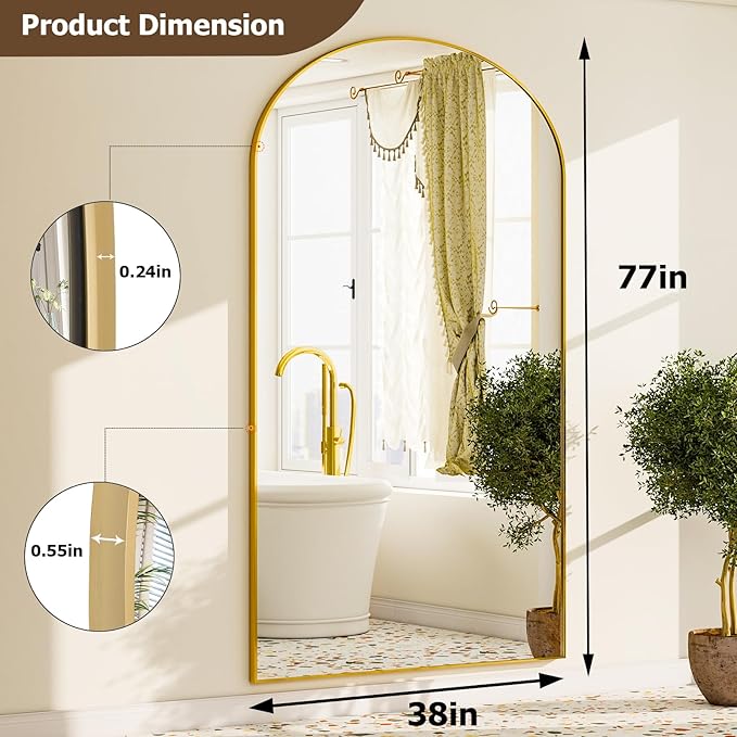 GLSLAND-77 x38 Arched Full Length Mirror - Oversize Floor Mirrors Aluminum Alloy Frame Full Body Dressing Mirror for Bedroom Living Room,Gold