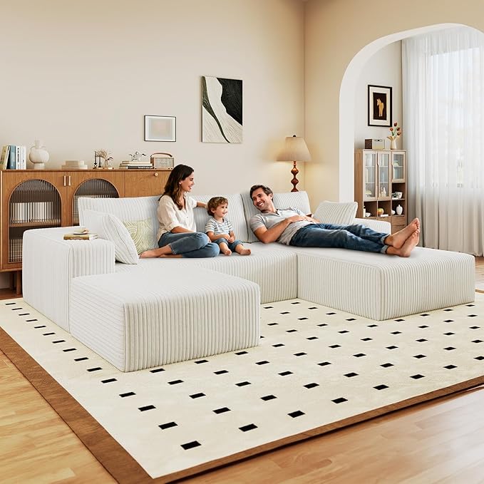 96" U-Shape Cloud Couch, Modern Modular Sectional L-Shape Sofa with Ottoman, Corduroy Upholstered Couches Deep Seat Sleeper Chaise Longue for Living Room, No Assembly Required(White, Right Facing)