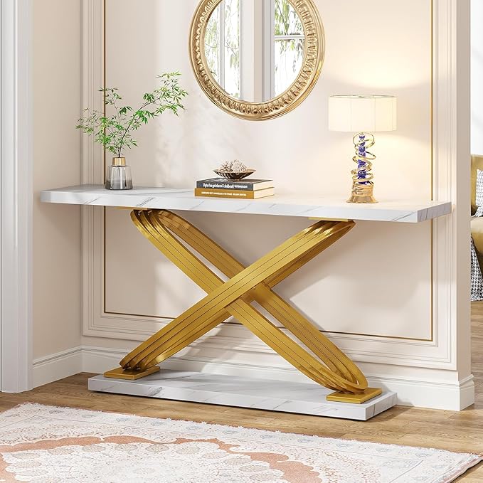 Tribesigns 55 Inch Modern Console Table, Gold Entryway Table Behind Sofa Couch, Narrow Rectangular Sofa Table for Living Room, Bedroom, Front Hall, Hallway, Gold & White