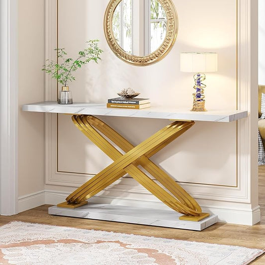 Tribesigns 55 Inch Modern Console Table, Gold Entryway Table Behind Sofa Couch, Narrow Rectangular Sofa Table for Living Room, Bedroom, Front Hall, Hallway, Gold & White