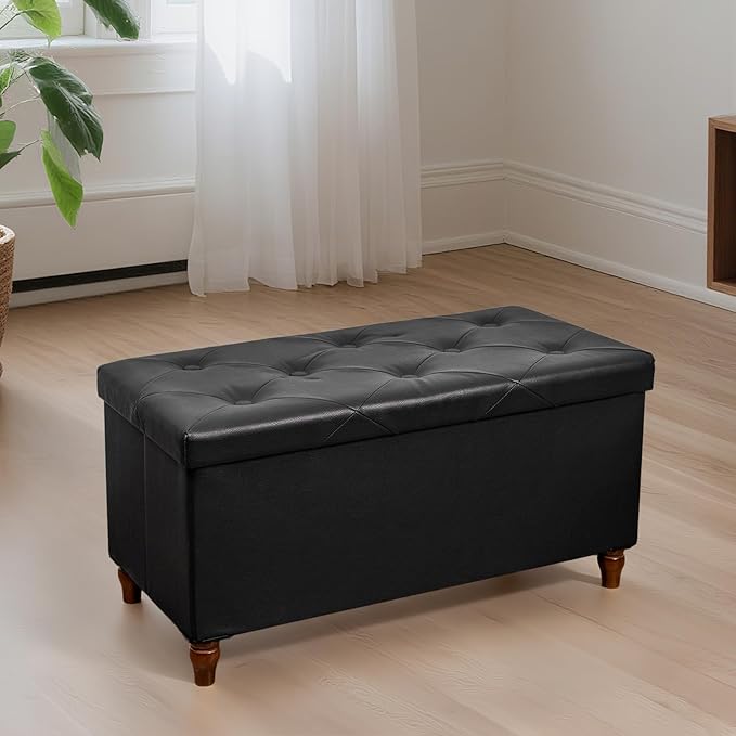 GLAXYFUR 30 Inches Storage Ottoman Bench with Wooden Legs, Faux Leather Folding Ottoman Foot Rest, Storage Bench for Living Room, Hallway & Bedroom, Upgrade Large Capacity (Engineered Wood, Black)