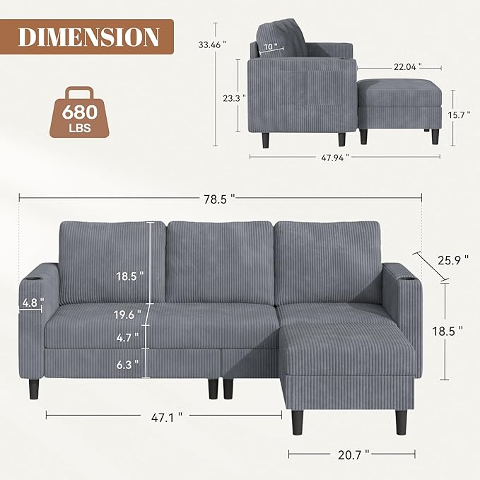 Upholstered Sectional Sofa and Couches, 78'' L Shaped 3-seat Sofa for Living Room, Apartment, Lounge,Bedroom-Washable Covers Convertible Sofas(Corduroy,Light Gary)