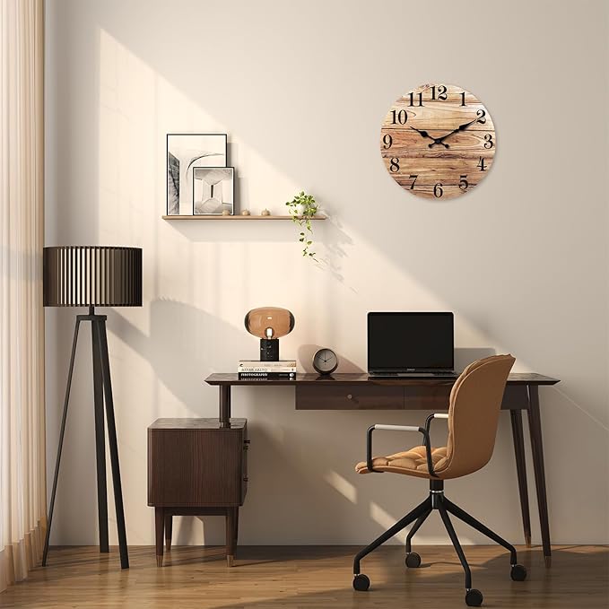 XNM Round Wood Wall Clock for Kitchen 12 Inch Farmhouse Small Wall Clocks Battery Operated Brown Wall Clock Silent (MDF No Solid Wood)