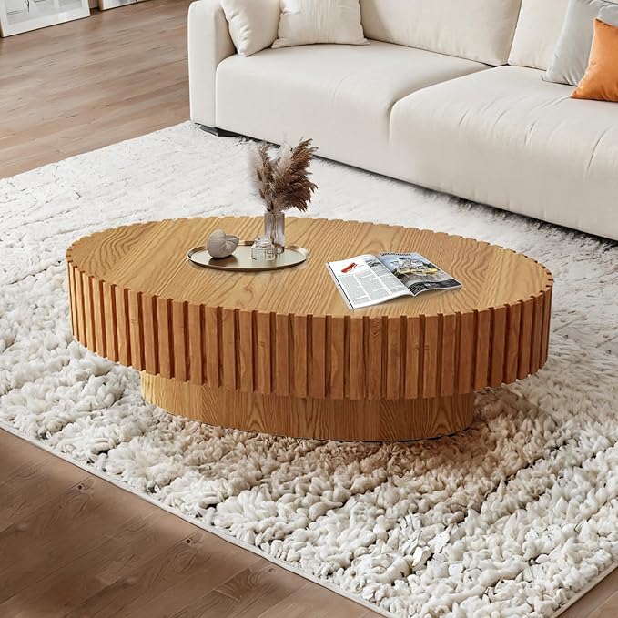 Oval Coffee Table, Handcrafted Fluted Drum Coffee Tables Modern Wood Coffee Table Drum Center Table for Living Room, Apartment (Oval Wood)