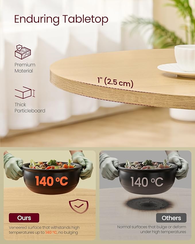 VASAGLE Dining Table, Small Round Kitchen Table for 4 People, 31.5 x 29.4 Inches, for Dining Room, Living Room, Farmhouse, Water-Resistant, Oka Beige UKDT082Y02