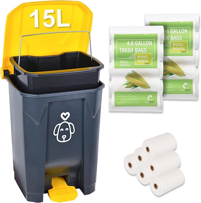 Outdoors Dog Poop Trash Can with Lid & 290PCS Waste Bags, Cute Dog Waste Trash Can for Yard, Home, Garden, Kitchen, 15 Litre Removable Inner Bin, Plastic Gray & Yellow