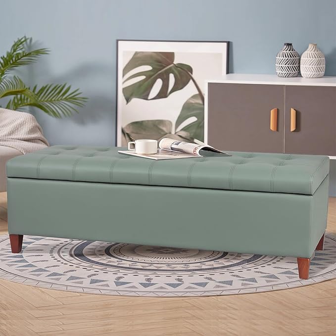Joveco 51 Inch Storage Ottoman Bench,Tufted Leather Storage Bench for Bedroom (51”,Gray Green)