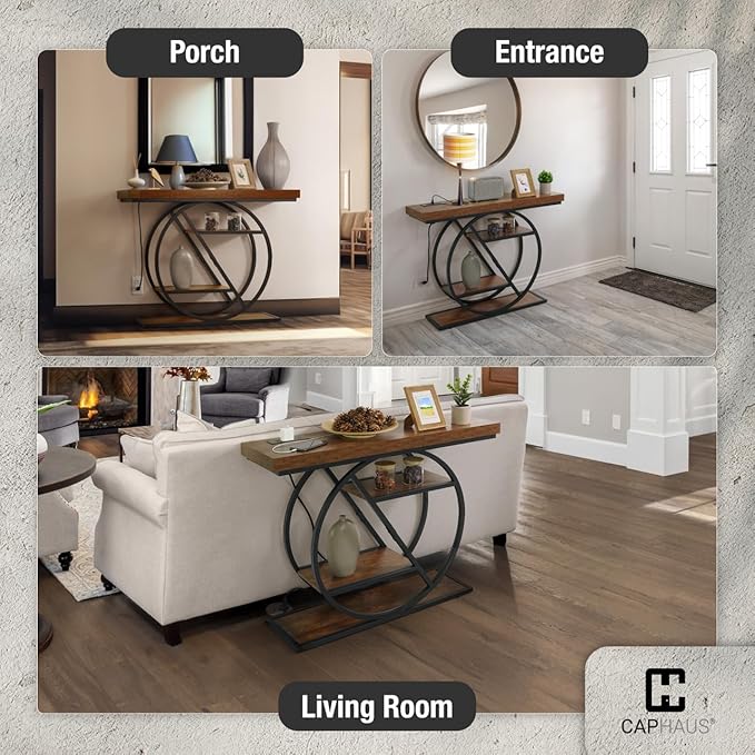 CAPHAUS 41” Unique Design 4-Tier Industrial Thick Sofa Console Table w/Storage & Charging Station, Entrance Tableau w/ 2 Outlets, USB & Type-C Ports for Living Room, Hallway, Rustic, Hourglass