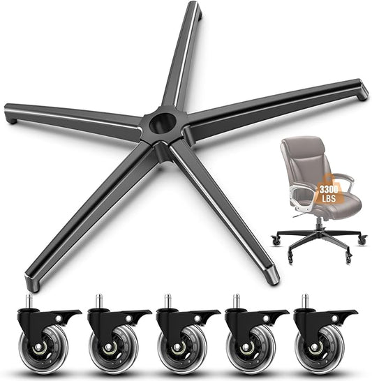Office Chair Base Replacement PartsWith 5 Casters with Brakes(3300 lbs) - Heavy Alloy Office Chair Base Replacement, Universal Gas Cylinder