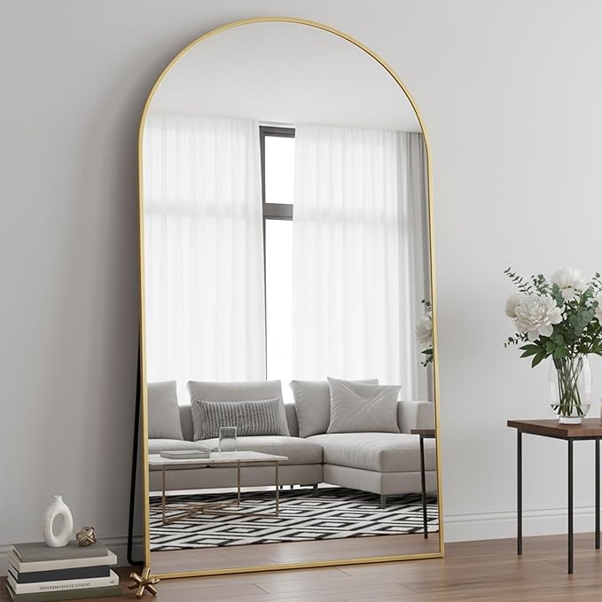 Full Length Mirror, 86"x46" Arched Floor Mirror Freestanding, Floor Standing Full Body Mirror with Stand for Bedroom, Hanging Mounted for Living Room Cloakroom, Gold