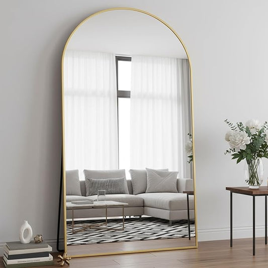 Full Length Mirror, 86"x46" Arched Floor Mirror Freestanding, Floor Standing Full Body Mirror with Stand for Bedroom, Hanging Mounted for Living Room Cloakroom, Gold