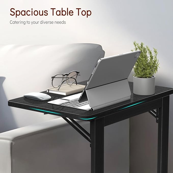 Tatub 24'' Folding TV Tray Table, Bamboo C Shaped End Table Slide Under Couch, Small Sofa Side Laptop Desk for Living Room, Bedroom, Black