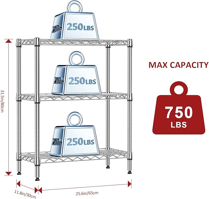 IZEUK 3 Tier Heavy Duty Steel Storage Shelves, Metal Shelf Wire Shelving Rack for Pantry, Kitchen, Cloakroom or Office Organization (11.8" D x 25.6" W x 31.5" H, 750LBS, Chrome)