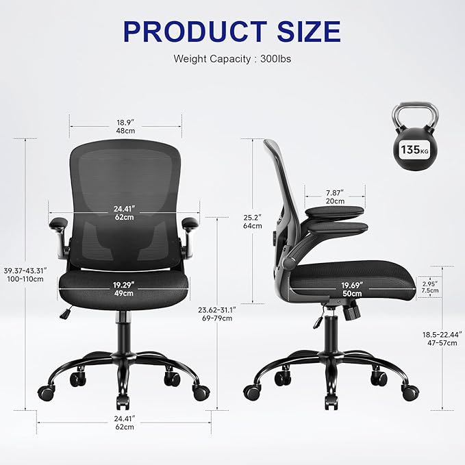 Ergonomic Office Chair-High Back Desk Chair, Adjustable Lumbar Support, Flip-Up Arms, 90-120° Tilt Lock, Breathable Mesh Back Rolling Work Chair for Man Woman(Black)