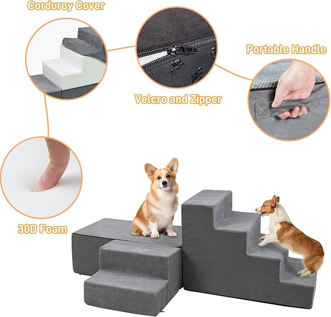 30 Inch Dog Stairs&Steps- 6 Steps for High Beds 30-36" High, Non Slip Foam Ramp for Small Dogs/Cats & Older Pets Grey