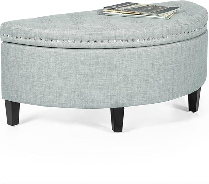 Homebeez 43" Half Moon Storage Ottoman, Button Tufted Bedroom Benches for Entryway Living Room (Light Blue)