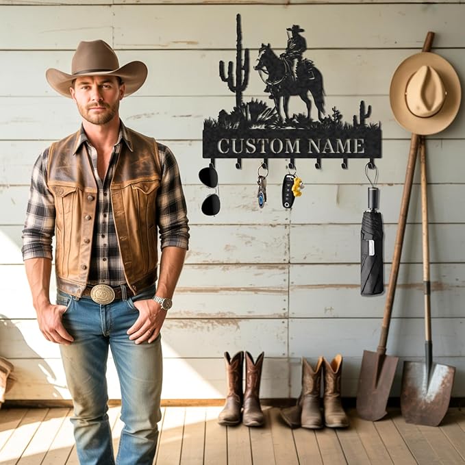 Personalized Key Holder for Wall, Custom Metal Cowboy Key Hooks with Name, Meta Jacket Holder Hooks Organizer Rack, Jacket Hanger Decor for Kitchen, Entryway, Hallway, Office, Doorway