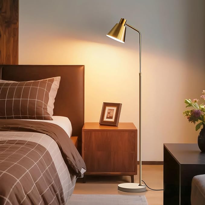 Gold Brass Industrial Floor Lamps with Bright 12W LED Bulb Adjustable 3 Colors, Living Room Sofa Corner Bedroom Bedside Office Study Reading Standing Tall Lights, Unique Modern Home Decor Essentials
