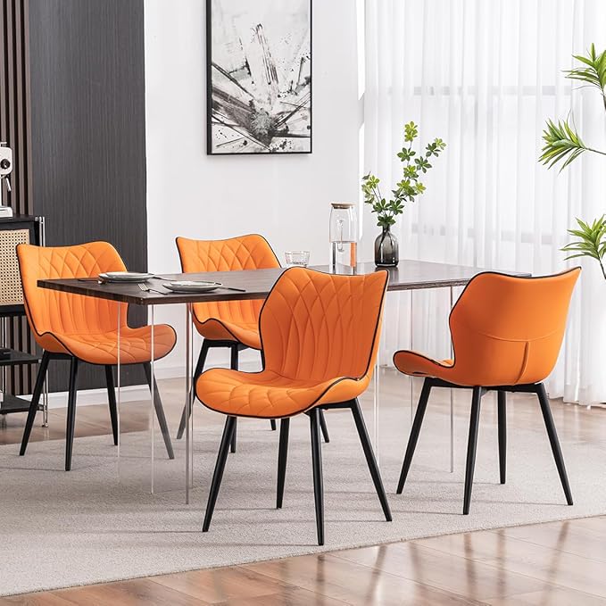 Kidol & Shellder Modern Dining Chairs Set of 2 Comfy Dining Room Chairs with Thick Cushions PU Leather Upholstered Kitchen Side Chairs with Metal Legs Orange