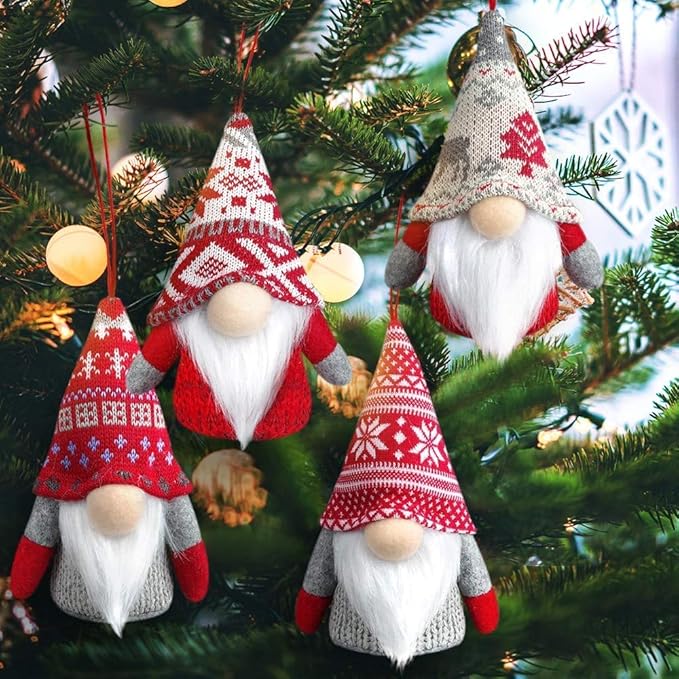 Christmas Gnome Hanging Ornaments with Lights, Handmade Swedish Tomte Plush Scandinavian Santa Elf Ornaments, Home Decorations for Shelf Table Fireplace Christmas Tree - Pack of 4
