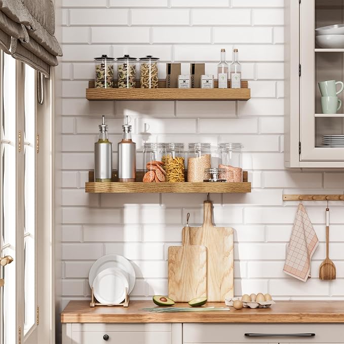 Heimlove Floating Shelves Set of 6, 16" Wall Mounted Picture Ledge, Display Shelf Organizer for Decor Storage, Wall Mounted Shelves for Living Room, Bedroom, Bathroom, Kitchen (Oak)