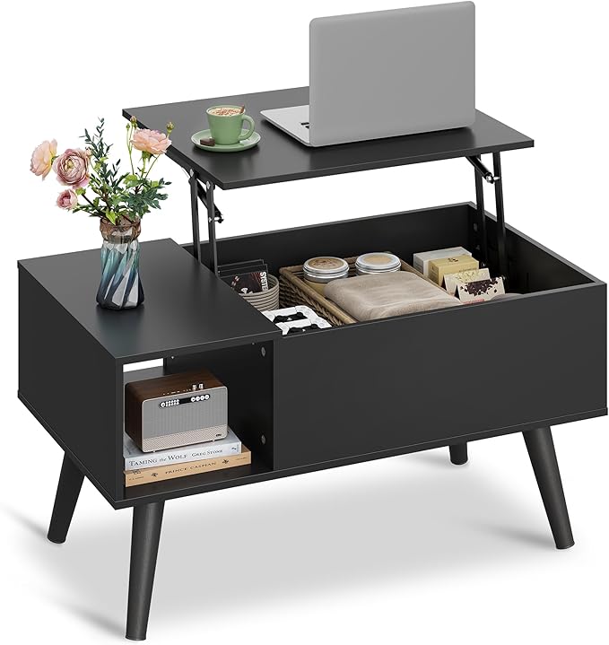 WLIVE Coffee Table for Living Room, Small Coffee Table with Storage, Lift Top Modern Wooden Dining Center Table with Storage Shelf & Hidden Compartment, 31.5" Black